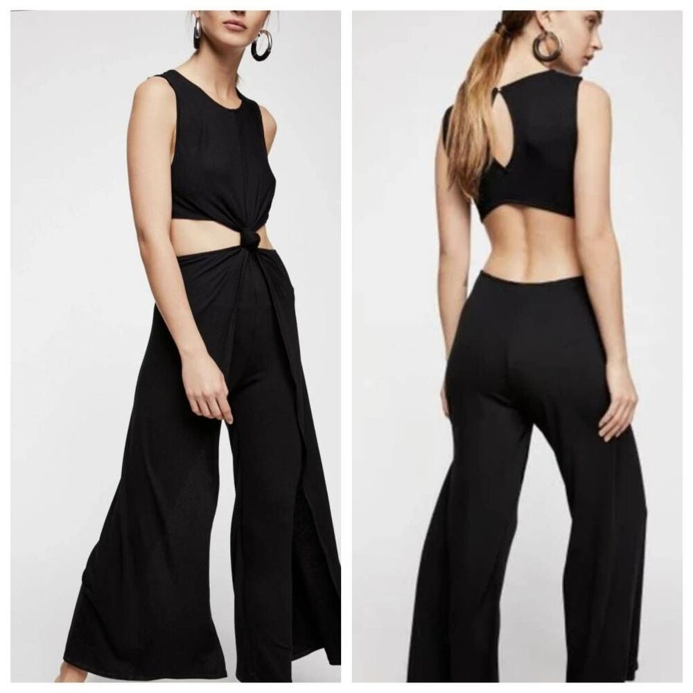 Free People FP Beach Tamarama Maxi Black Wide Leg Jumper Jumpsuit Size Medium